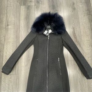 Zac Zac Posen Black coat with Navy blue fox Collar